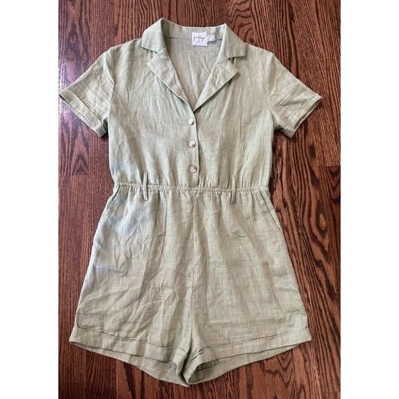 Princess Polly Sage Green Linen Blend Boho Short Sleeve V-Neck Romper Size 4 EUC - Picture 8 of 12